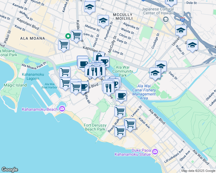 map of restaurants, bars, coffee shops, grocery stores, and more near in Honolulu