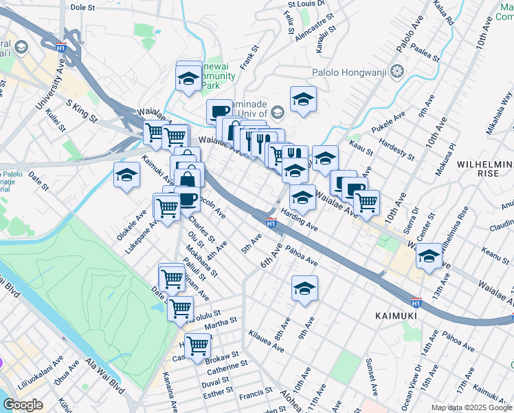 map of restaurants, bars, coffee shops, grocery stores, and more near 1043 4th Avenue in Honolulu