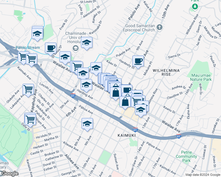 map of restaurants, bars, coffee shops, grocery stores, and more near 3412 Waialae Avenue in Honolulu