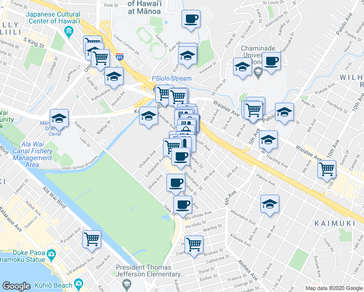 map of restaurants, bars, coffee shops, grocery stores, and more near 932 Kapahulu Avenue in Honolulu