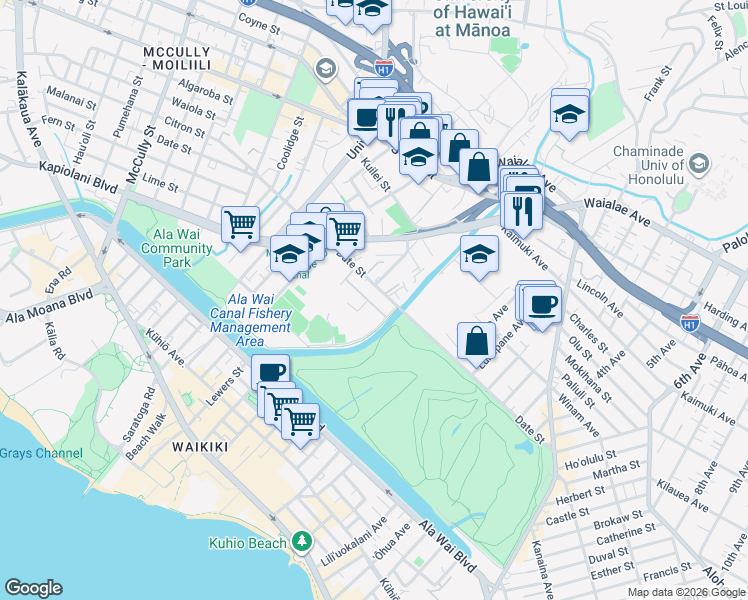 map of restaurants, bars, coffee shops, grocery stores, and more near 2637 Date Street in Honolulu