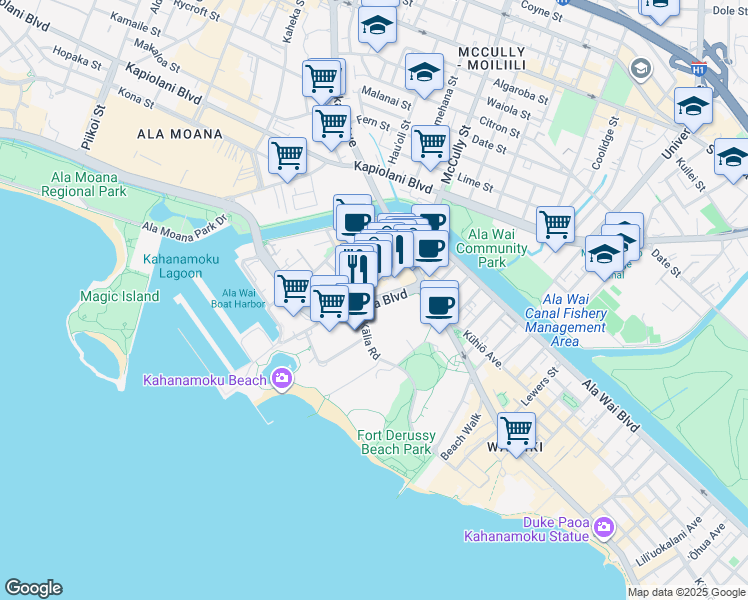 map of restaurants, bars, coffee shops, grocery stores, and more near 1920 Hawaii 92 in Honolulu