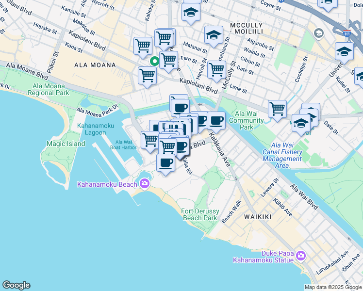 map of restaurants, bars, coffee shops, grocery stores, and more near 1860 Ala Moana Boulevard in Honolulu
