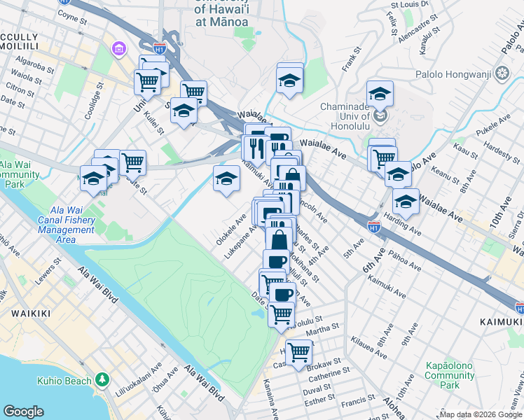 map of restaurants, bars, coffee shops, grocery stores, and more near 2818 Leialoha Avenue in Honolulu