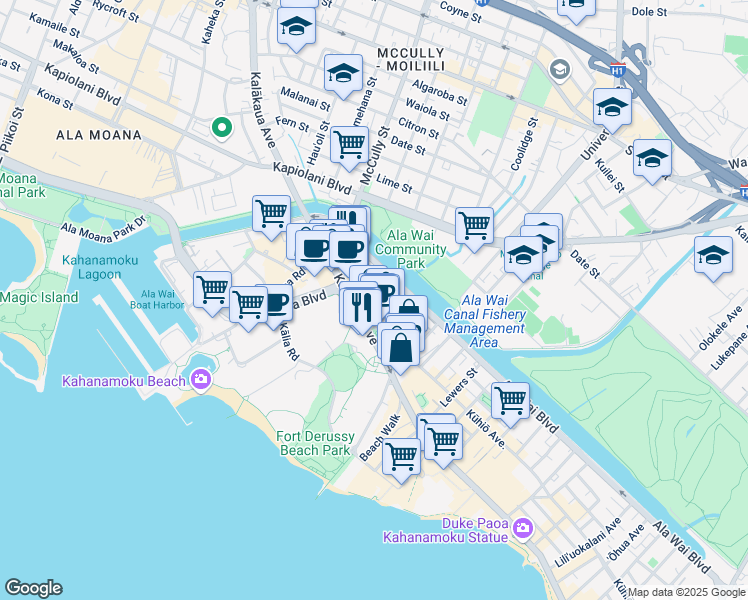 map of restaurants, bars, coffee shops, grocery stores, and more near 419 Keoniana Street in Honolulu