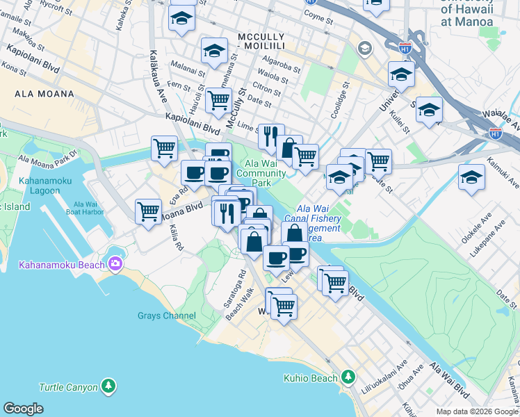 map of restaurants, bars, coffee shops, grocery stores, and more near 2055 Ala Wai Boulevard in Honolulu