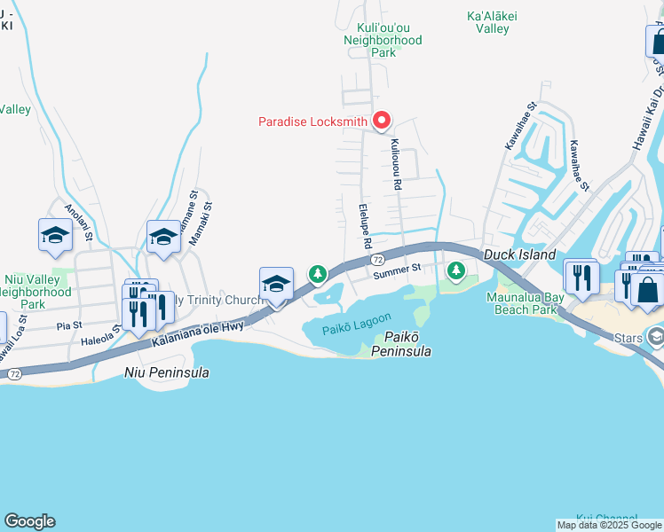 map of restaurants, bars, coffee shops, grocery stores, and more near 5998 Hawaii 72 in Honolulu