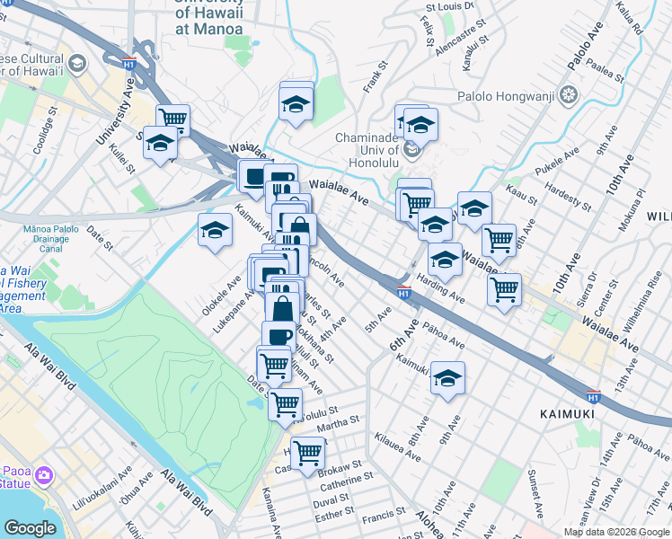 map of restaurants, bars, coffee shops, grocery stores, and more near 922 Belser Street in Honolulu
