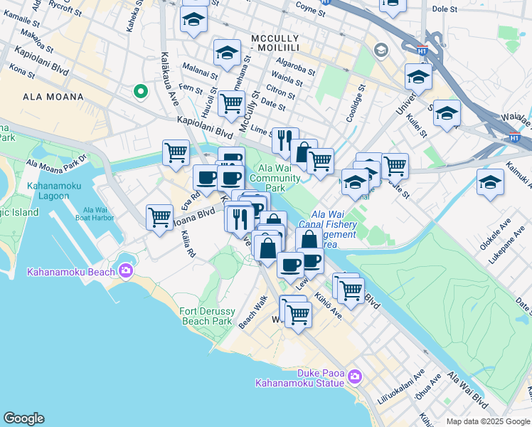 map of restaurants, bars, coffee shops, grocery stores, and more near 2055 Ala Wai Boulevard in Honolulu