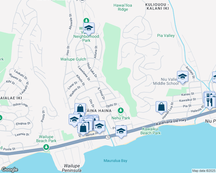 map of restaurants, bars, coffee shops, grocery stores, and more near 451 Lawelawe Street in Honolulu