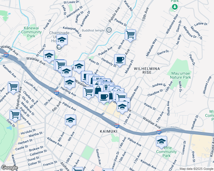map of restaurants, bars, coffee shops, grocery stores, and more near 3513 Keanu Street in Honolulu