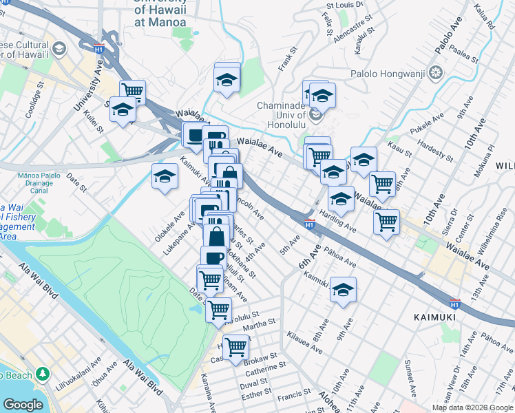 map of restaurants, bars, coffee shops, grocery stores, and more near 922 Belser Street in Honolulu