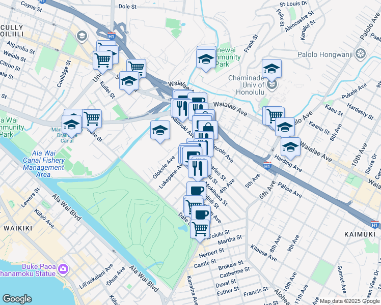 map of restaurants, bars, coffee shops, grocery stores, and more near 2818 Leialoha Avenue in Honolulu