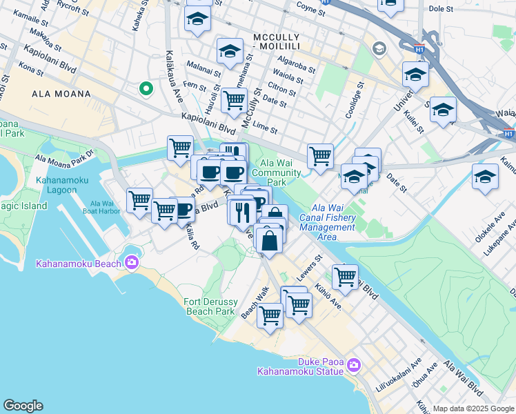 map of restaurants, bars, coffee shops, grocery stores, and more near 424 Kuamo'o Street in Honolulu