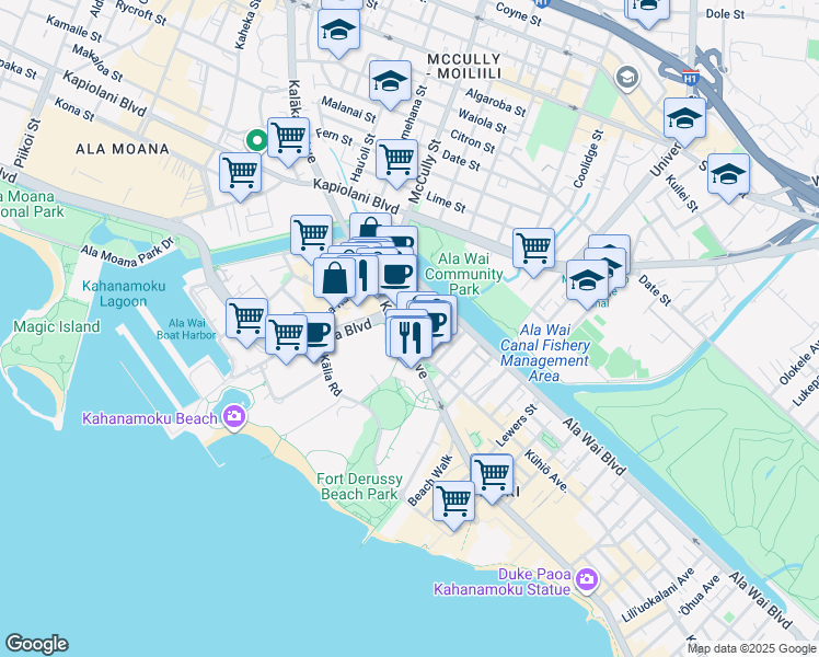 map of restaurants, bars, coffee shops, grocery stores, and more near in Honolulu