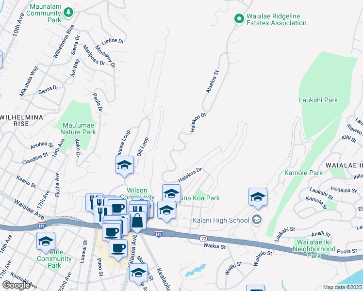 map of restaurants, bars, coffee shops, grocery stores, and more near 1752 Halekoa Drive in Honolulu