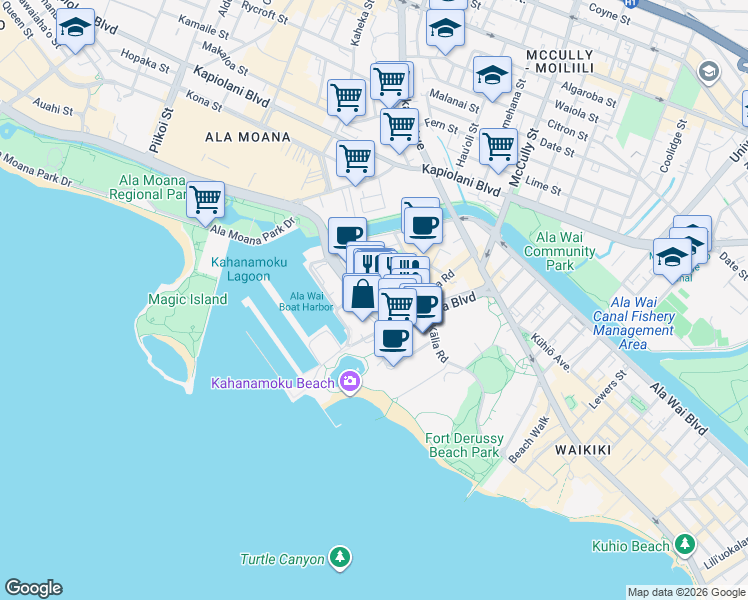 map of restaurants, bars, coffee shops, grocery stores, and more near 1804 Ala Moana Boulevard in Honolulu