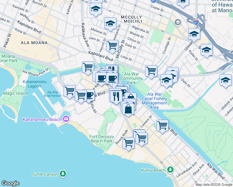 map of restaurants, bars, coffee shops, grocery stores, and more near 412 Keoniana Street in Honolulu