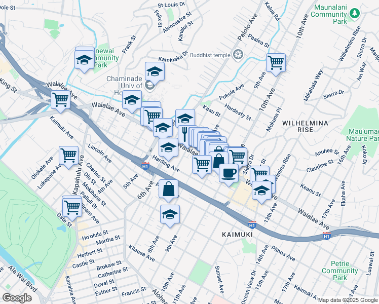map of restaurants, bars, coffee shops, grocery stores, and more near 3353 Waialae Avenue in Honolulu