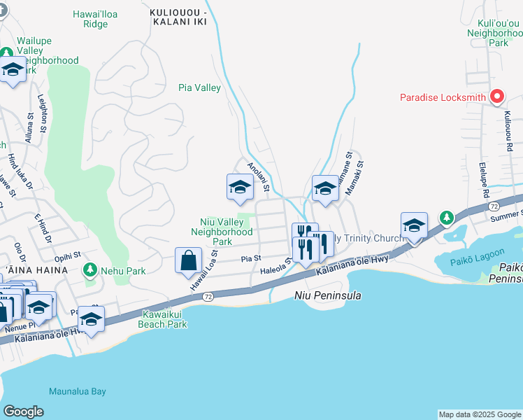 map of restaurants, bars, coffee shops, grocery stores, and more near 5610 Halekamani Street in Honolulu