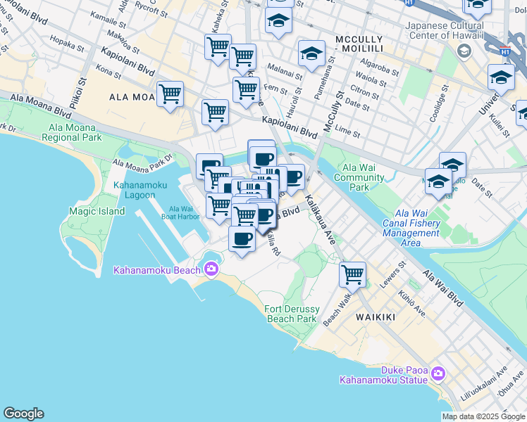 map of restaurants, bars, coffee shops, grocery stores, and more near 1860 Ala Moana Boulevard in Honolulu