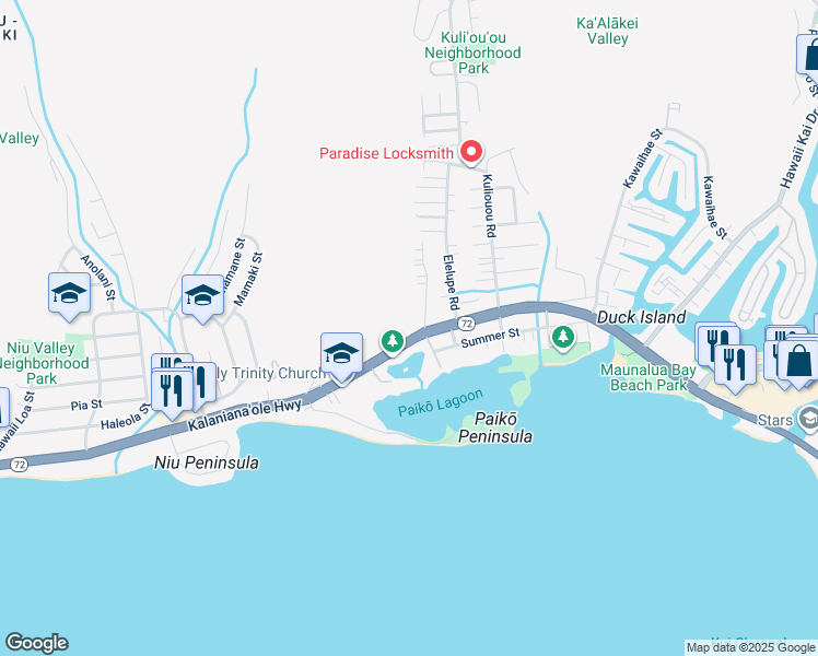 map of restaurants, bars, coffee shops, grocery stores, and more near 5998 Hawaii 72 in Honolulu