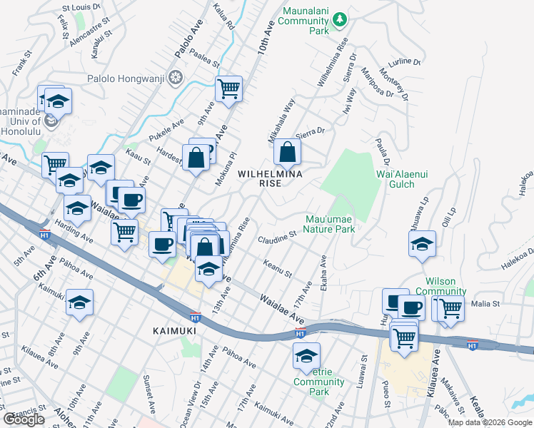 map of restaurants, bars, coffee shops, grocery stores, and more near 1379 13th Avenue in Honolulu