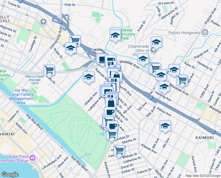 map of restaurants, bars, coffee shops, grocery stores, and more near 932 Kapahulu Avenue in Honolulu