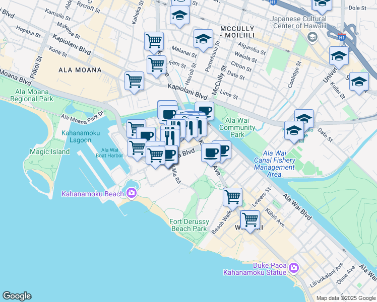 map of restaurants, bars, coffee shops, grocery stores, and more near 1920 Hawaii 92 in Honolulu