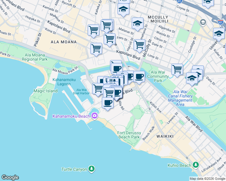 map of restaurants, bars, coffee shops, grocery stores, and more near 1829 Kaioʻo Drive in Honolulu