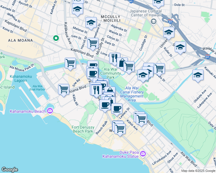 map of restaurants, bars, coffee shops, grocery stores, and more near 2029 Ala Wai Boulevard in Honolulu