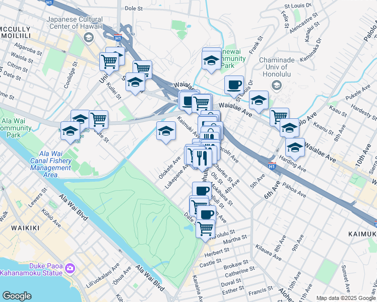 map of restaurants, bars, coffee shops, grocery stores, and more near 2810 Leialoha Avenue in Honolulu