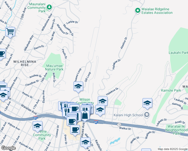 map of restaurants, bars, coffee shops, grocery stores, and more near 1495 Oili Loop in Honolulu