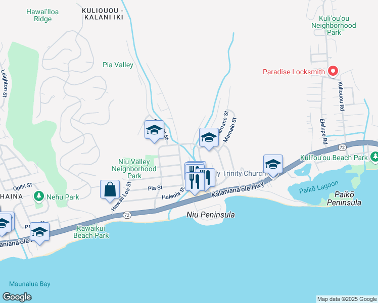 map of restaurants, bars, coffee shops, grocery stores, and more near 5779 Haleola Street in Honolulu