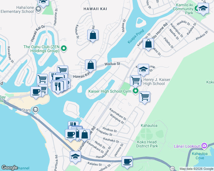 map of restaurants, bars, coffee shops, grocery stores, and more near 500 Lunalilo Home Road in Honolulu