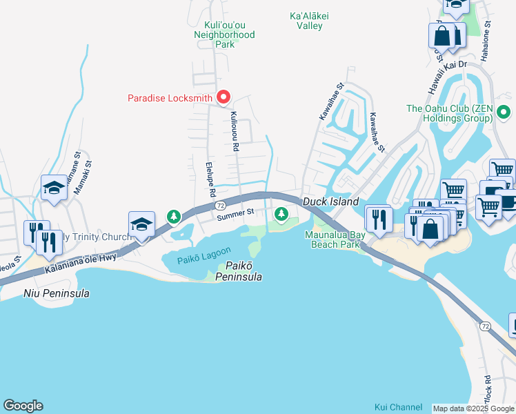 map of restaurants, bars, coffee shops, grocery stores, and more near 6133B Summer Street in Honolulu