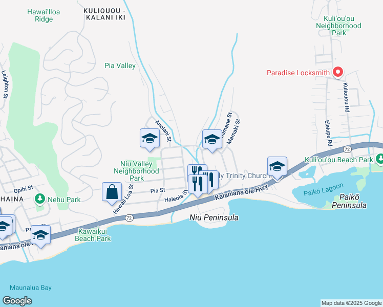 map of restaurants, bars, coffee shops, grocery stores, and more near 5779 Haleola Street in Honolulu