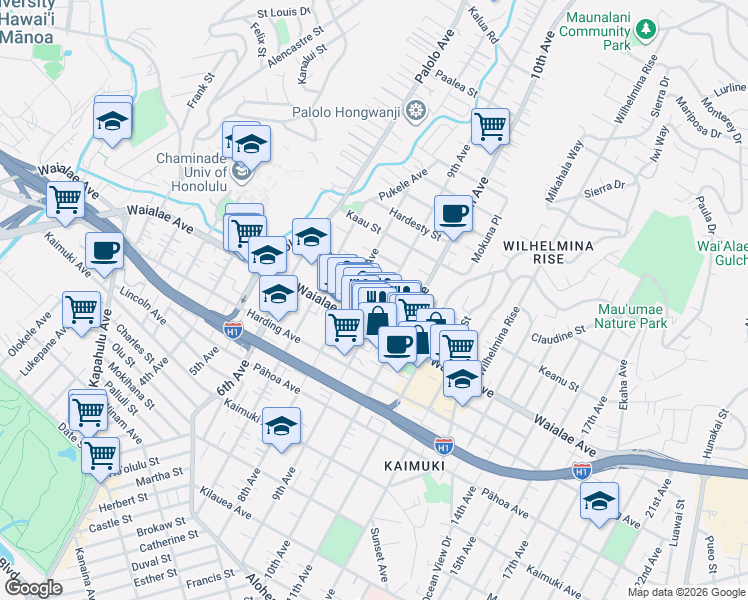 map of restaurants, bars, coffee shops, grocery stores, and more near 1211 9th Avenue in Honolulu