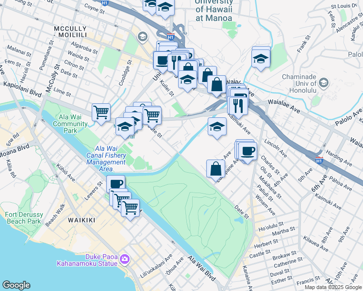 map of restaurants, bars, coffee shops, grocery stores, and more near 2637 Date Street in Honolulu