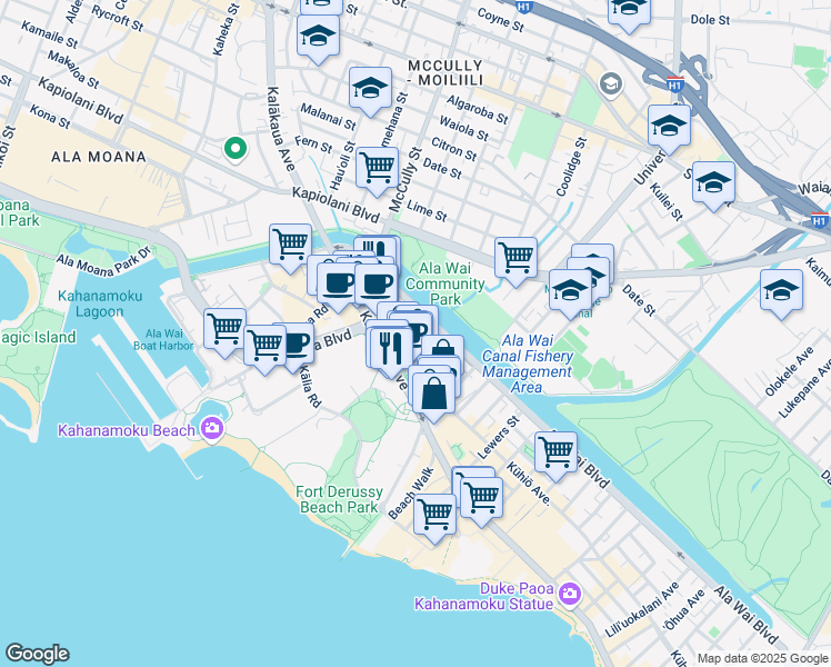 map of restaurants, bars, coffee shops, grocery stores, and more near in Honolulu