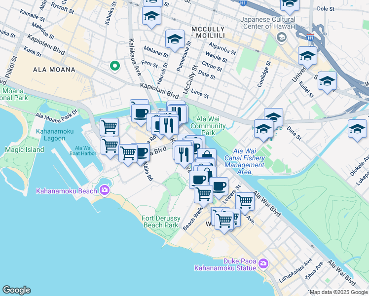 map of restaurants, bars, coffee shops, grocery stores, and more near 424 Kuamo'o Street in Honolulu