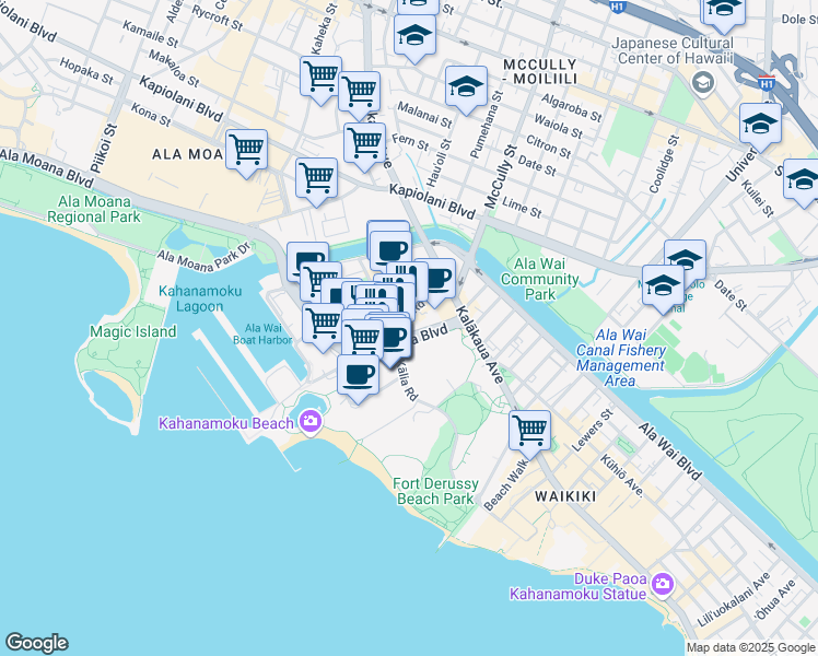 map of restaurants, bars, coffee shops, grocery stores, and more near 1860 Ala Moana Boulevard in Honolulu