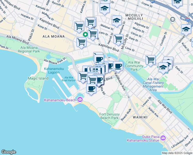 map of restaurants, bars, coffee shops, grocery stores, and more near 1860 Ala Moana Boulevard in Honolulu