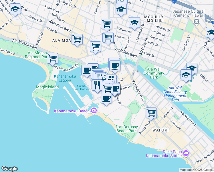 map of restaurants, bars, coffee shops, grocery stores, and more near 1804 Ala Moana Boulevard in Honolulu