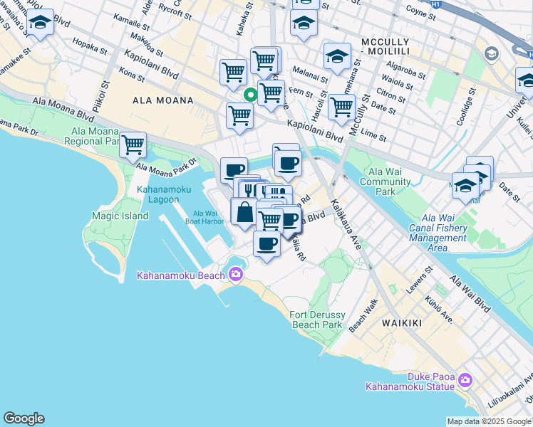 map of restaurants, bars, coffee shops, grocery stores, and more near 1804 Ala Moana Boulevard in Honolulu