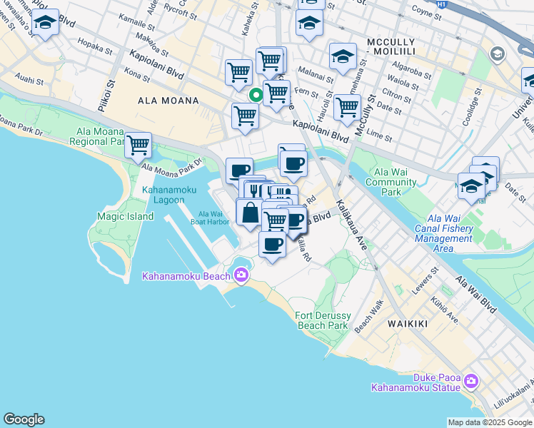 map of restaurants, bars, coffee shops, grocery stores, and more near 1804 Ala Moana Boulevard in Honolulu