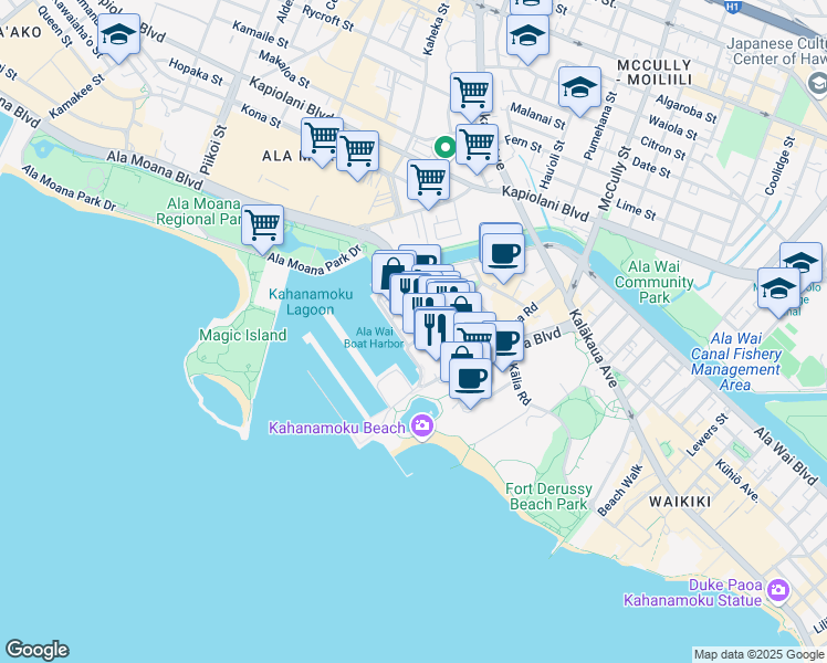 map of restaurants, bars, coffee shops, grocery stores, and more near 1775 Ala Moana Boulevard in Honolulu