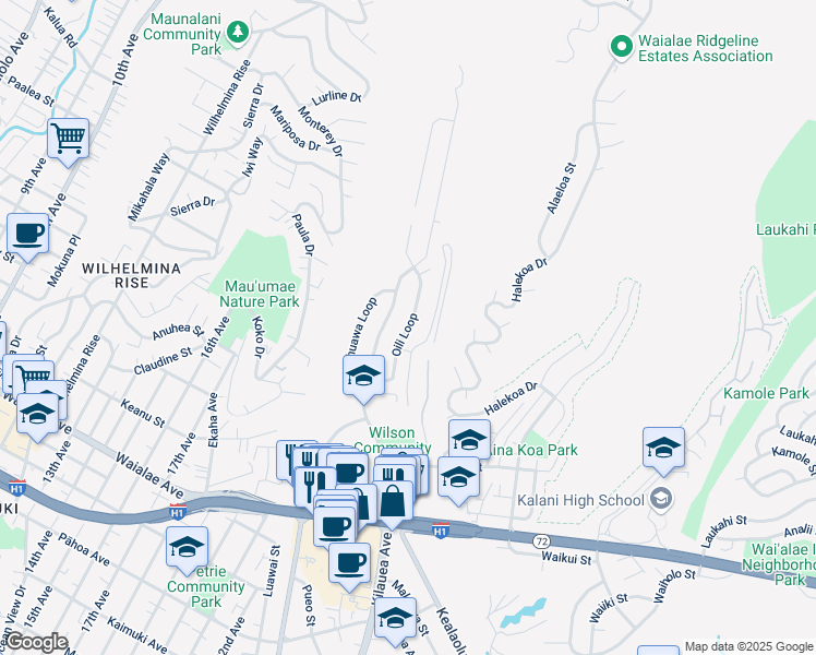 map of restaurants, bars, coffee shops, grocery stores, and more near Oili Loop in Honolulu