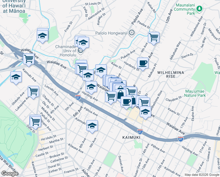 map of restaurants, bars, coffee shops, grocery stores, and more near 1212 8th Avenue in Honolulu