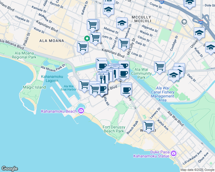 map of restaurants, bars, coffee shops, grocery stores, and more near 1910 Ala Moana Boulevard in Honolulu